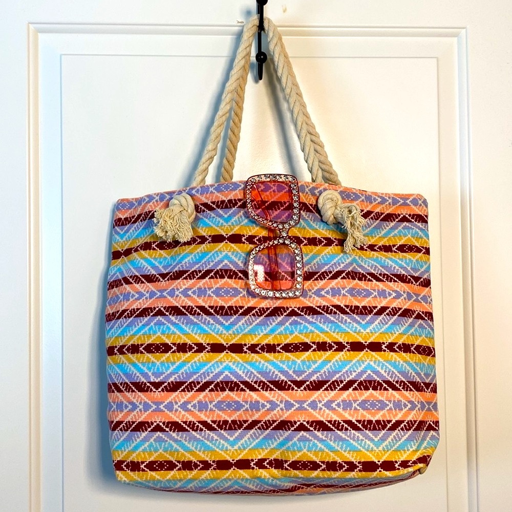 CODE LOVE Rope Handle Beach Tote Large Ikiet Multi Blue Canvas Bag